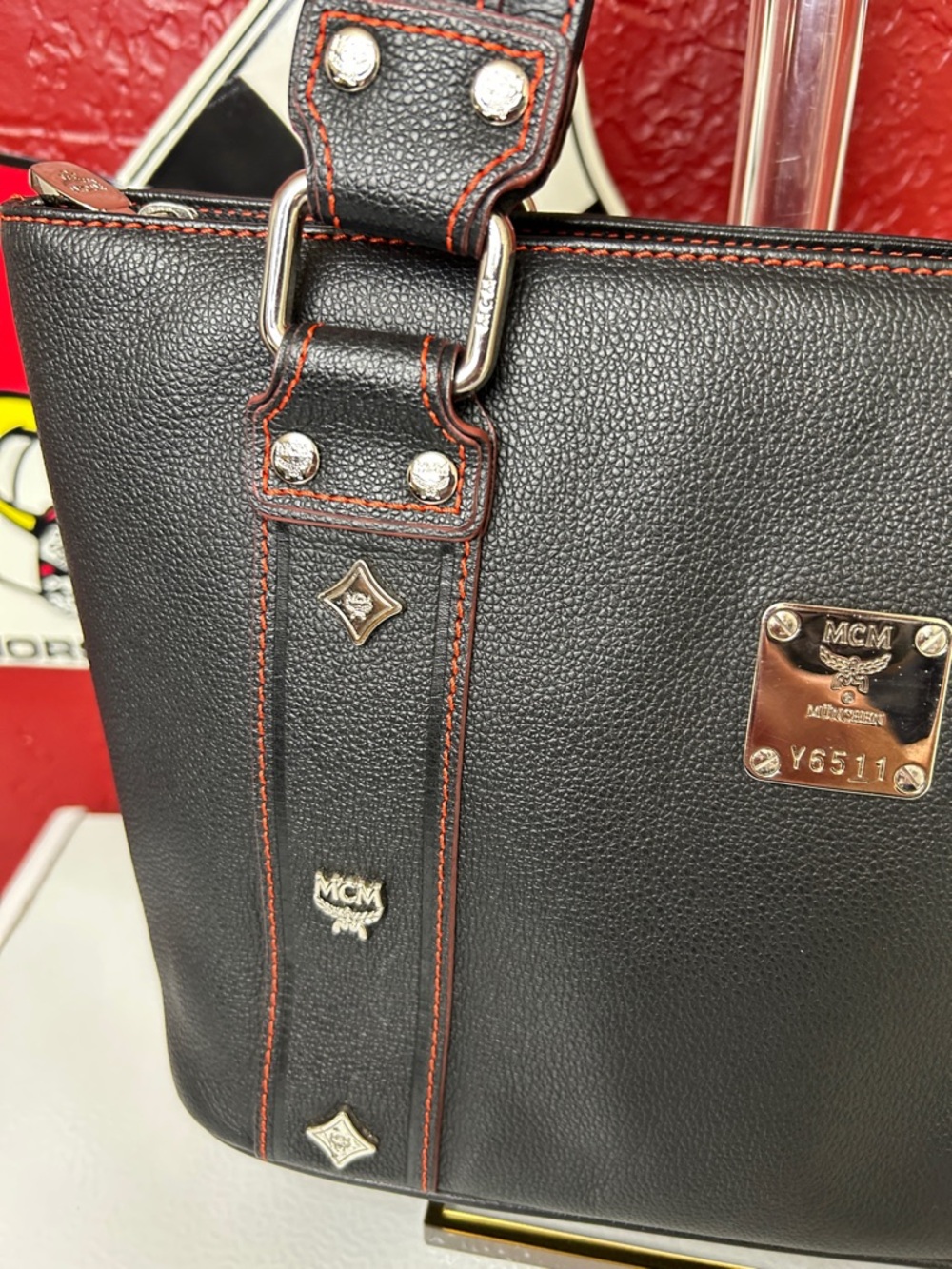 MCM Black Shoulder Bag with Red Stitching - Picture 4 of 14